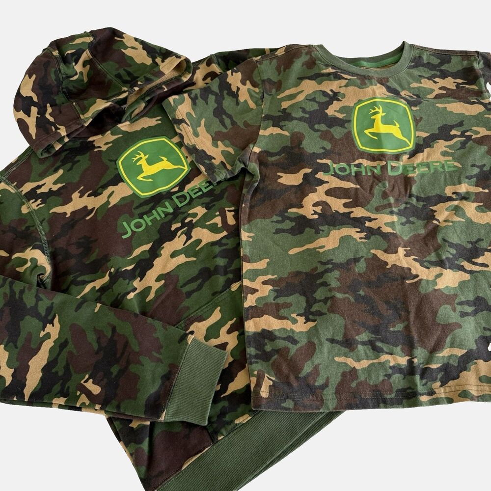 John Deere Boys XL 14/16 Camo Hoodie and Tshirt 2pc Set Farm Country Hunting